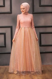 Neva Style - Long Salmon Pink Hijab Bridesmaid Dress 36501SMN - Thumbnail