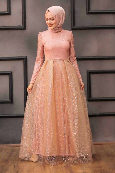 Neva Style - Long Salmon Pink Hijab Bridesmaid Dress 36501SMN