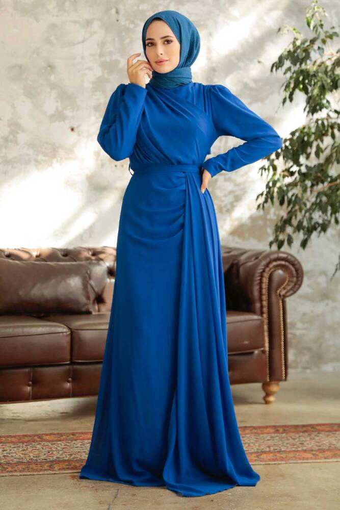 Neva Style - Long Sax Blue Islamic Wedding Dress 5736SX - 1