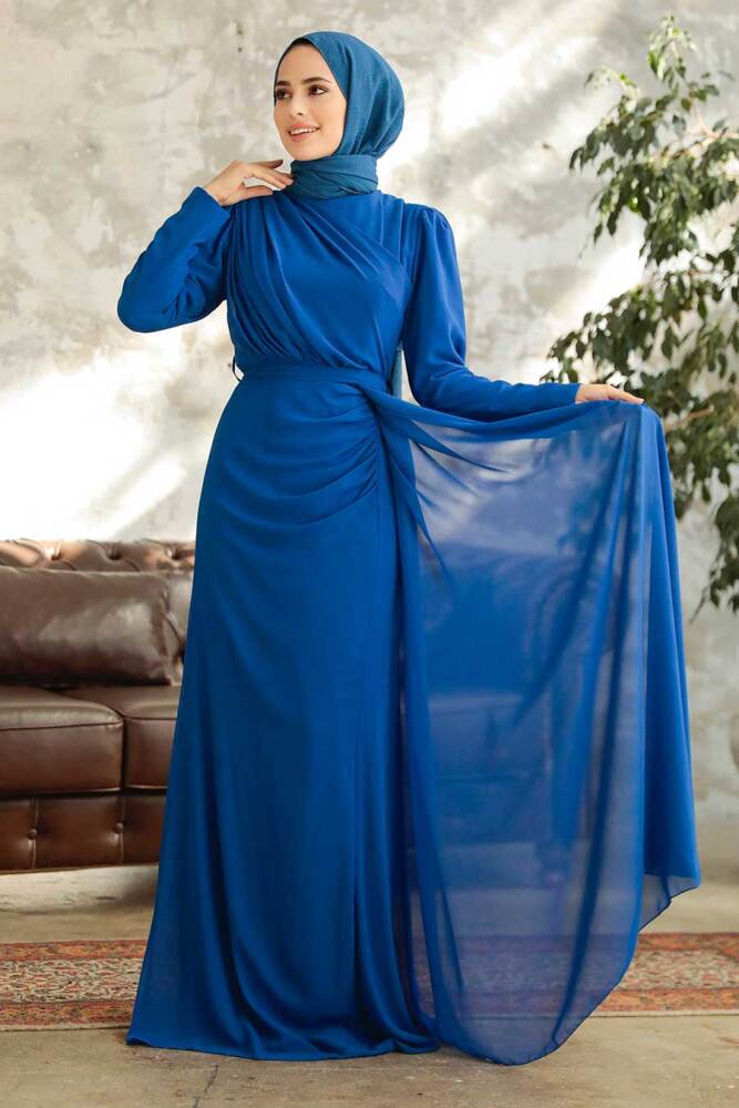 Neva Style - Long Sax Blue Islamic Wedding Dress 5736SX - 2