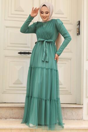 Long Sleeve Almond Green Muslim Evening Dress 55621CY - 1