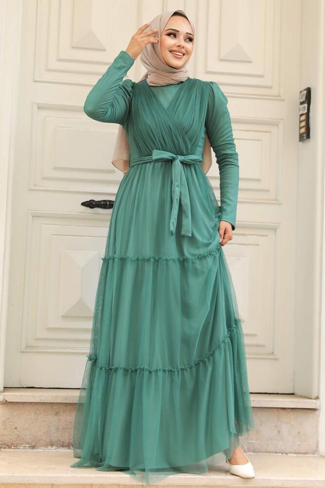 Long Sleeve Almond Green Muslim Evening Dress 55621CY - 2