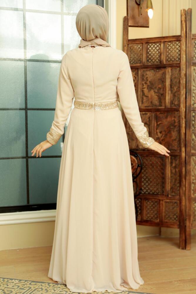 Neva Style - Long Sleeve Beige Muslim Bridal Dress 5793BEJ - 4