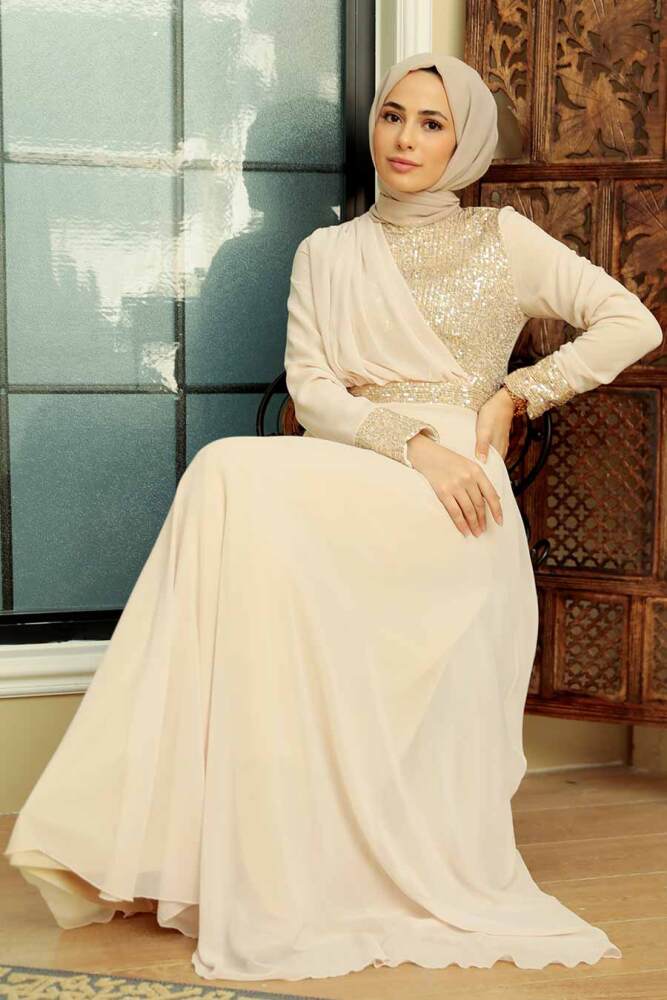 Neva Style - Long Sleeve Beige Muslim Bridal Dress 5793BEJ - 3