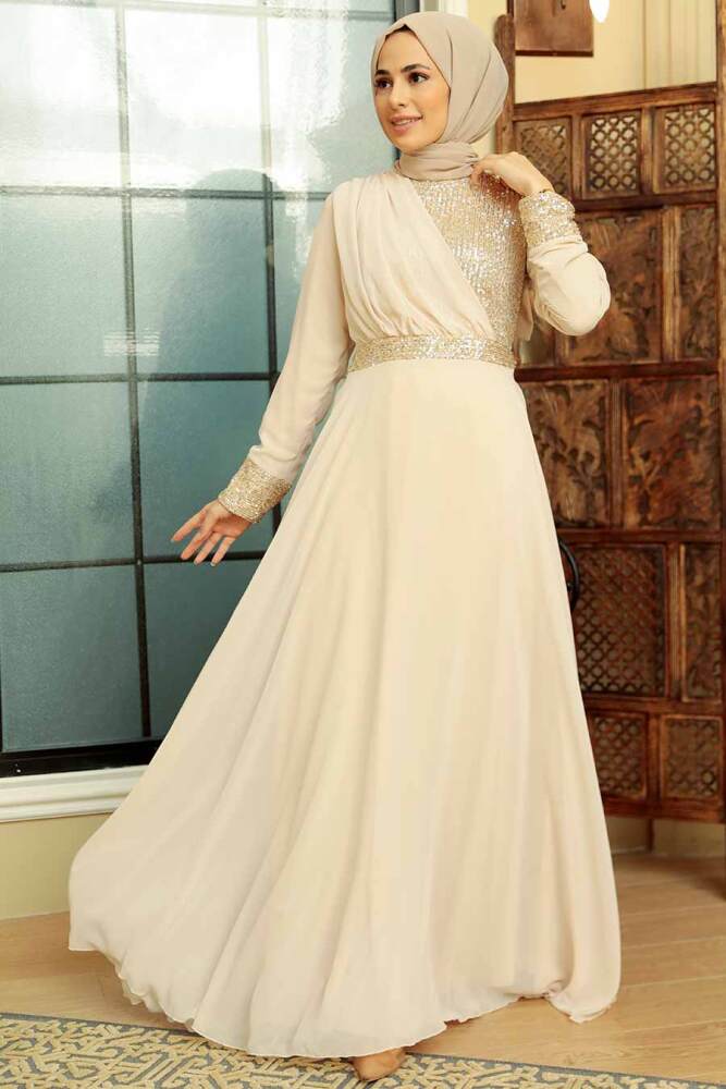 Neva Style - Long Sleeve Beige Muslim Bridal Dress 5793BEJ - 1