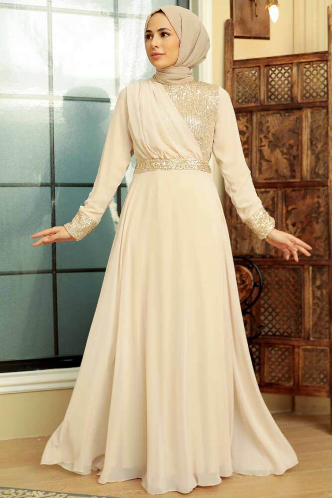 Neva Style - Long Sleeve Beige Muslim Bridal Dress 5793BEJ - 2