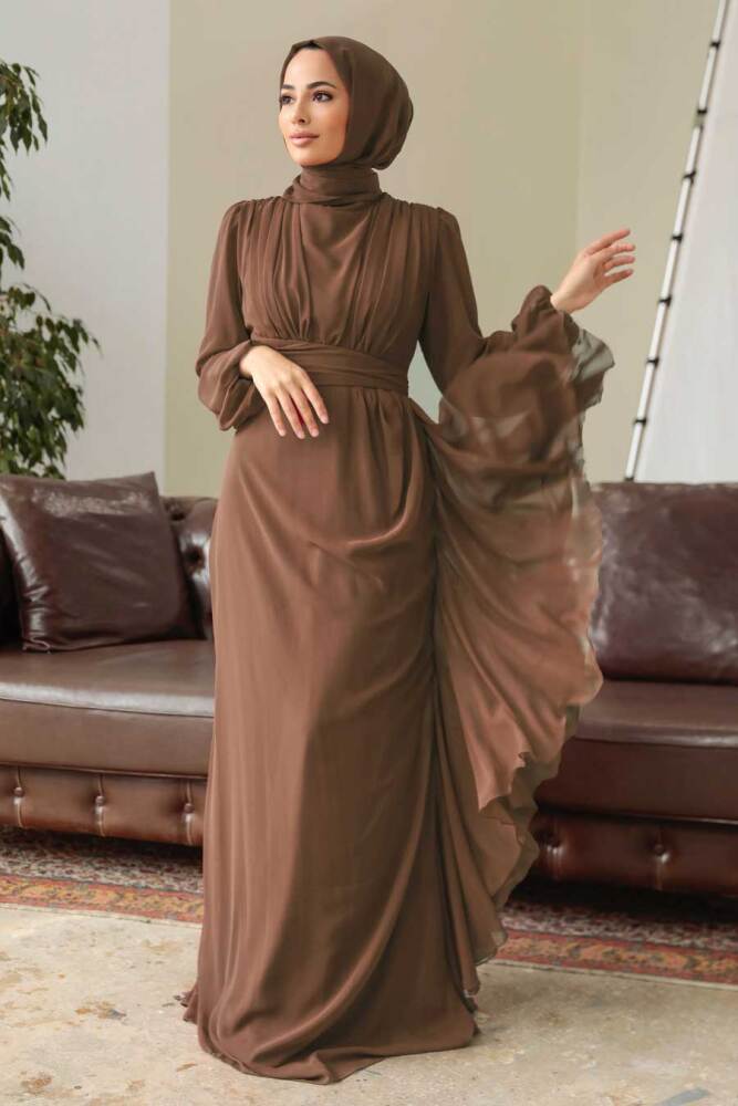 Neva Style - Long Sleeve Brown Hijab Modest Dress 5718KH - 1
