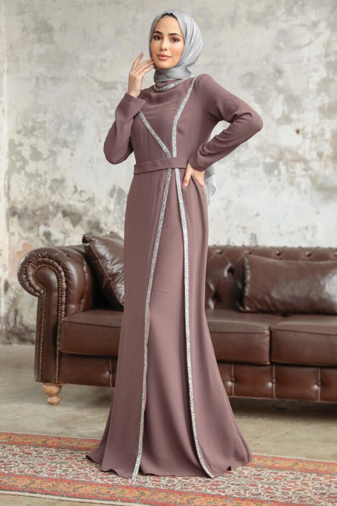 Neva Style - Long Sleeve Brown Muslim Evening Gown 37261KH - 1