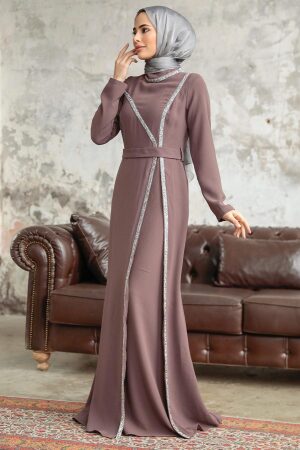 Neva Style - Long Sleeve Brown Muslim Evening Gown 37261KH - 2