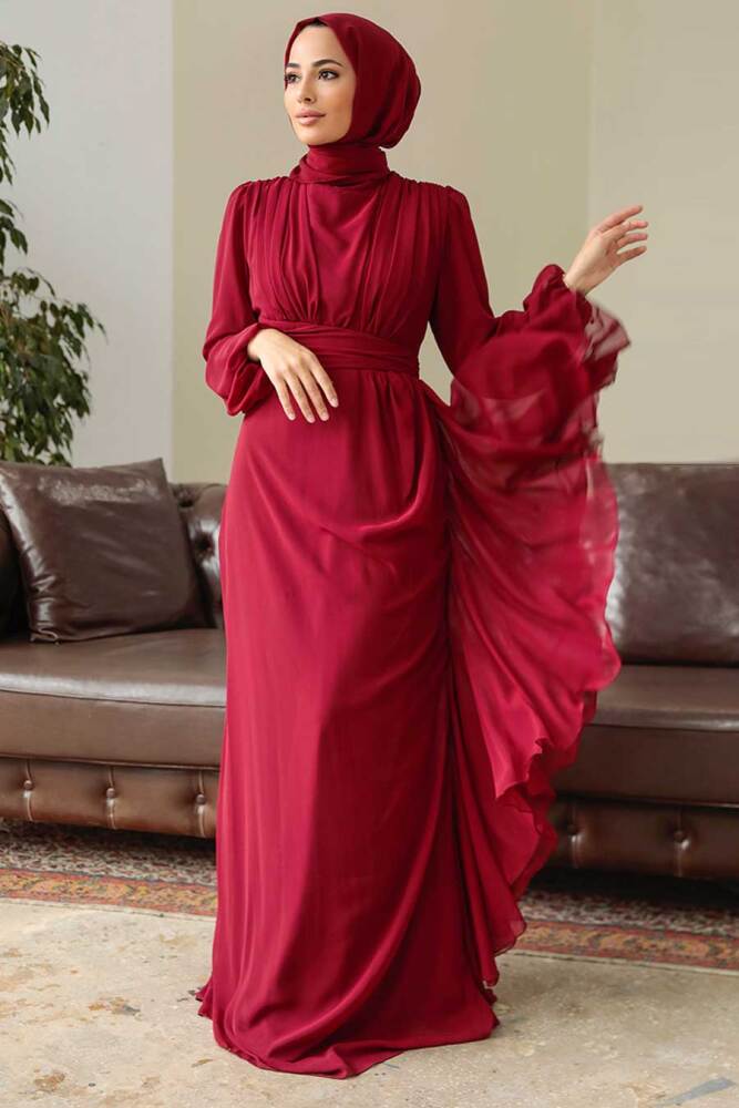 Neva Style - Long Sleeve Claret Red Hijab Modest Dress 5718BR - 1