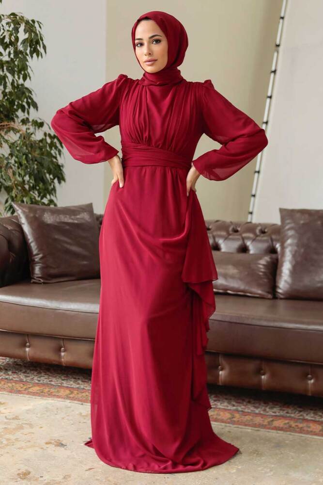 Neva Style - Long Sleeve Claret Red Hijab Modest Dress 5718BR - 3