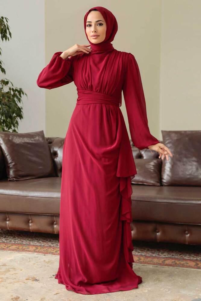 Neva Style - Long Sleeve Claret Red Hijab Modest Dress 5718BR - 2