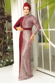 Neva Style - Long Sleeve Claret Red Islamic Prom Dress 25851BR - Thumbnail