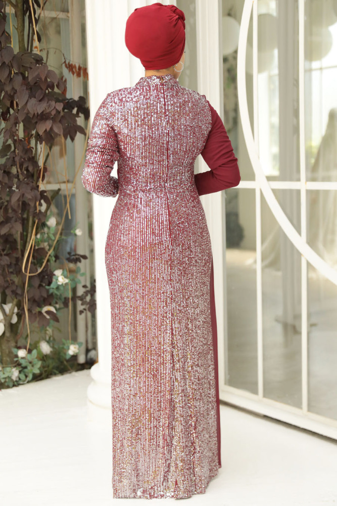 Neva Style - Long Sleeve Claret Red Islamic Prom Dress 25851BR - 4