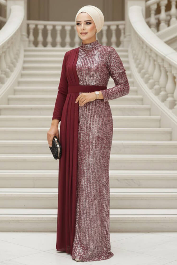 Neva Style - Long Sleeve Claret Red Islamic Prom Dress 25851BR - 1