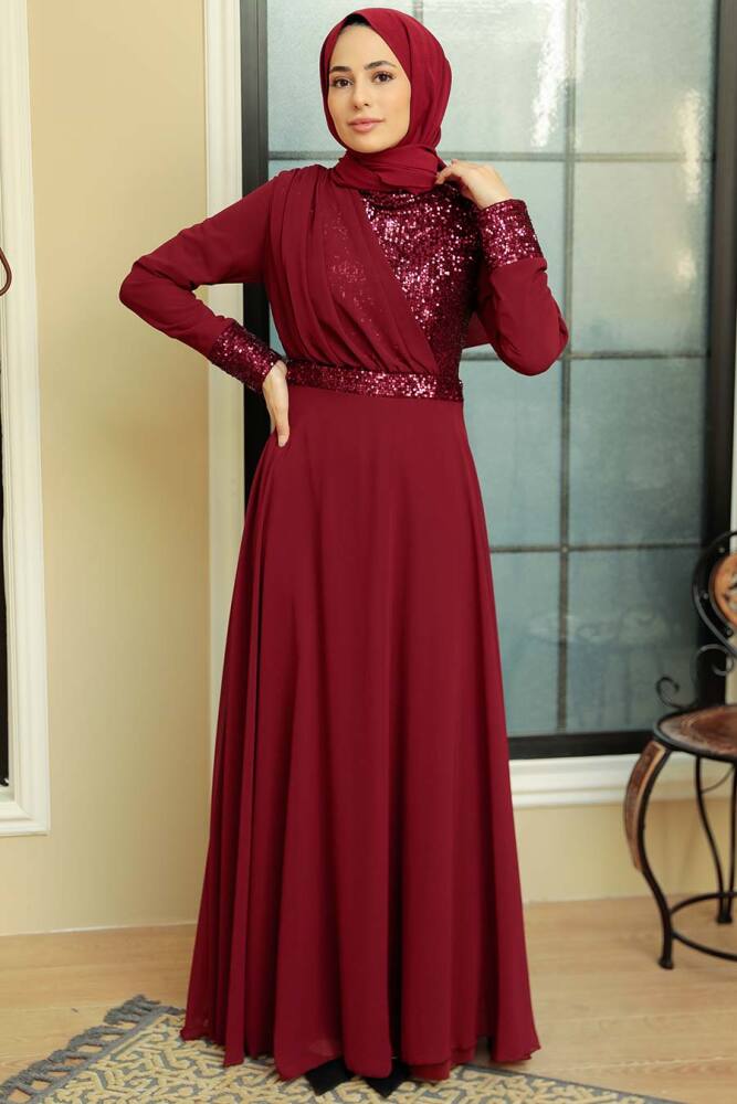 Neva Style - Long Sleeve Claret Red Muslim Bridal Dress 5793BR - 1