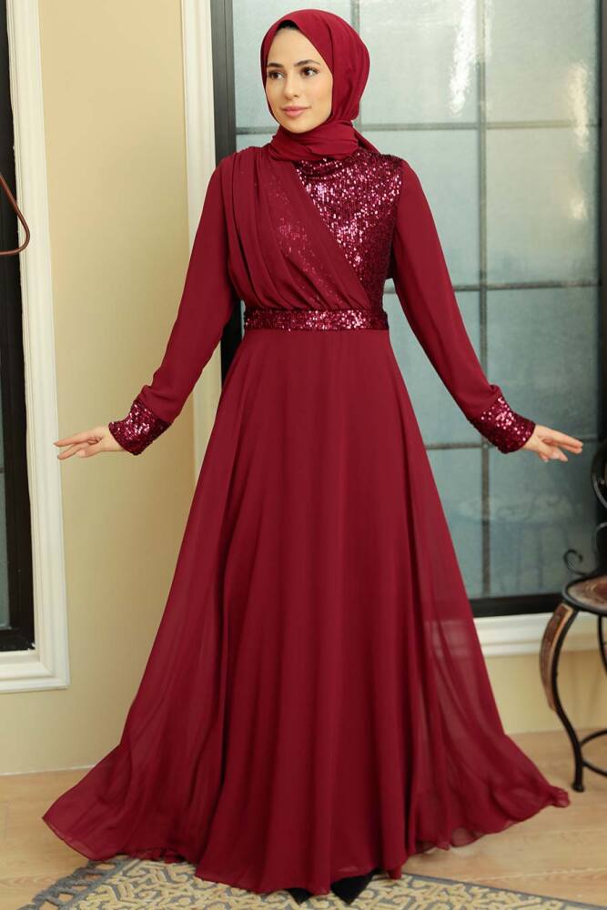 Neva Style - Long Sleeve Claret Red Muslim Bridal Dress 5793BR - 3
