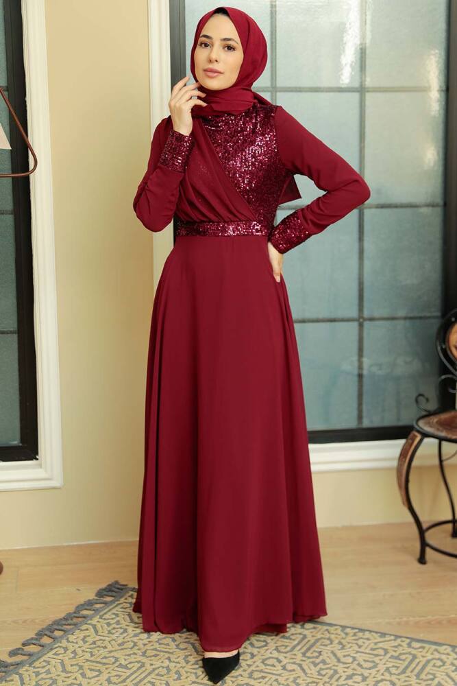 Neva Style - Long Sleeve Claret Red Muslim Bridal Dress 5793BR - 2