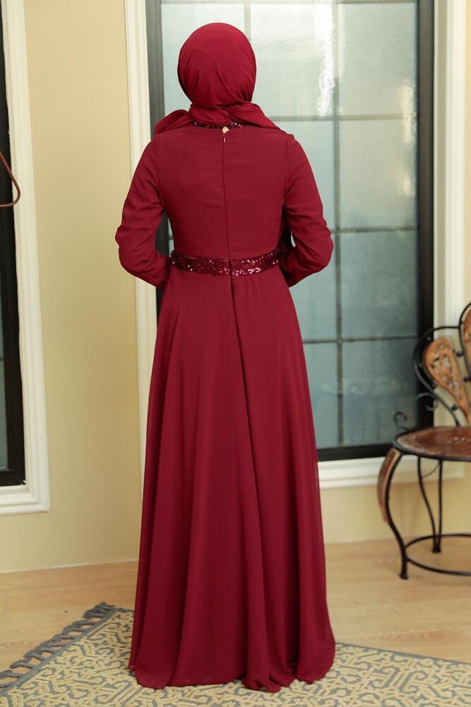Neva Style - Long Sleeve Claret Red Muslim Bridal Dress 5793BR - 4