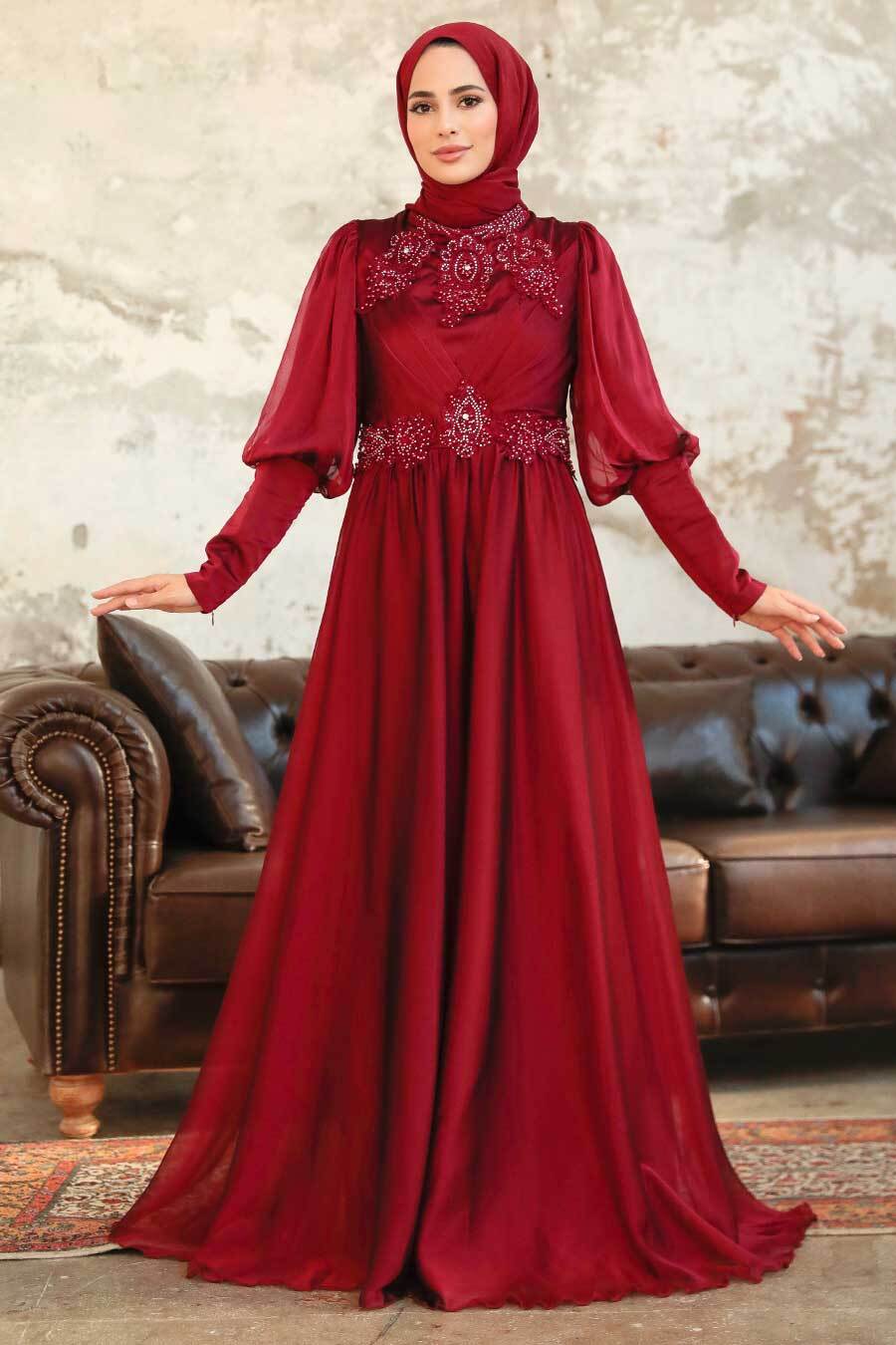 Neva Style - Long Sleeve Claret Red Muslim Evening Dress 25822BR
