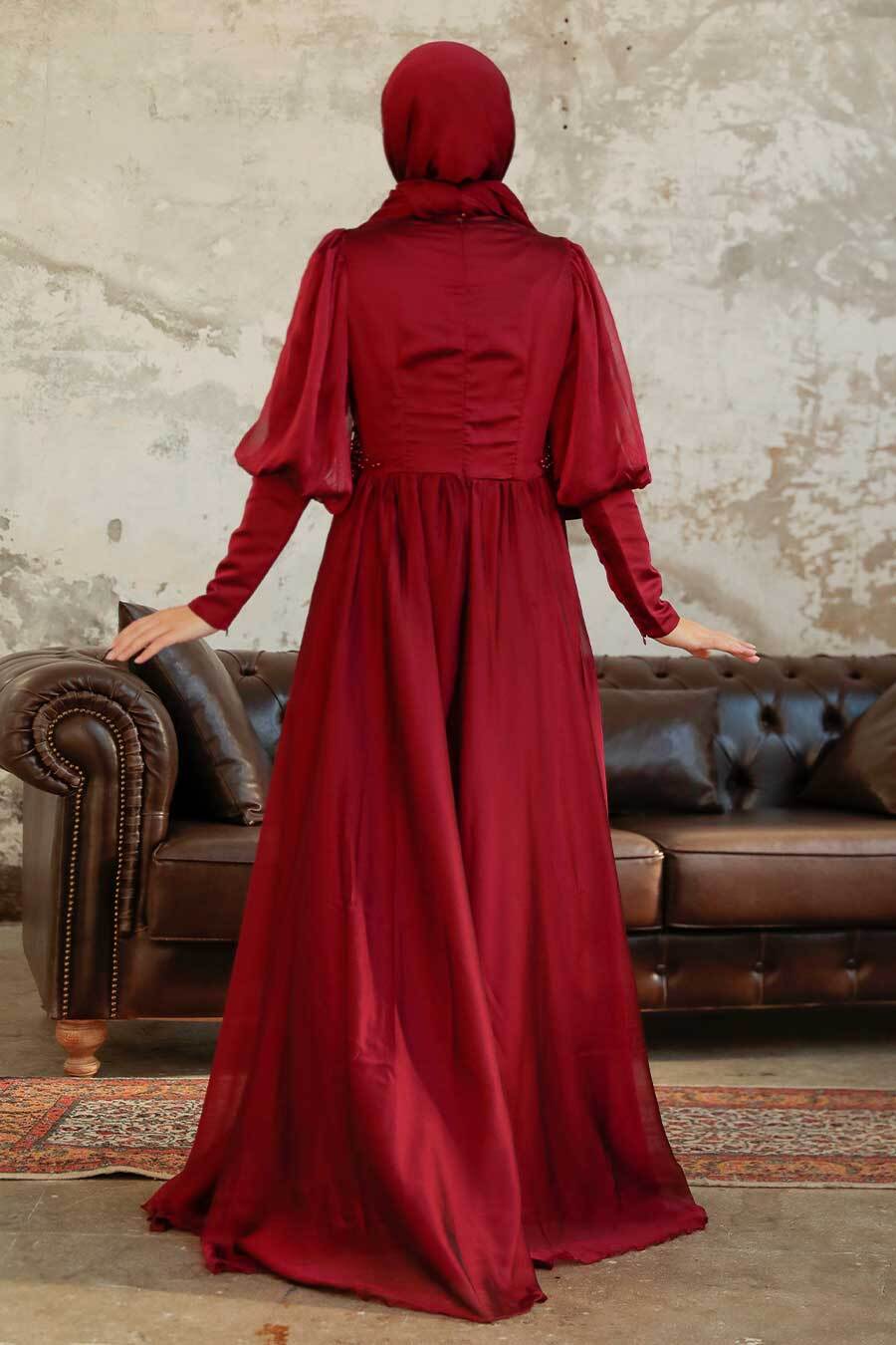Neva Style - Long Sleeve Claret Red Muslim Evening Dress 25822BR