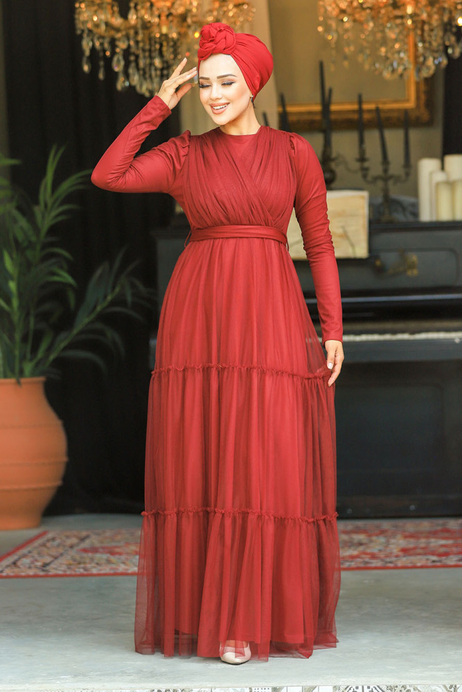 Neva Style - Long Sleeve Claret Red Muslim Evening Dress 55621BR - 1