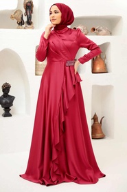 Neva Style - Long Sleeve Claret Red Muslim Wedding Gown 22431BR - Thumbnail