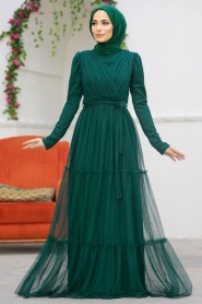 Neva Style - Long Sleeve Emerald Green Muslim Evening Dress 55621ZY - Thumbnail