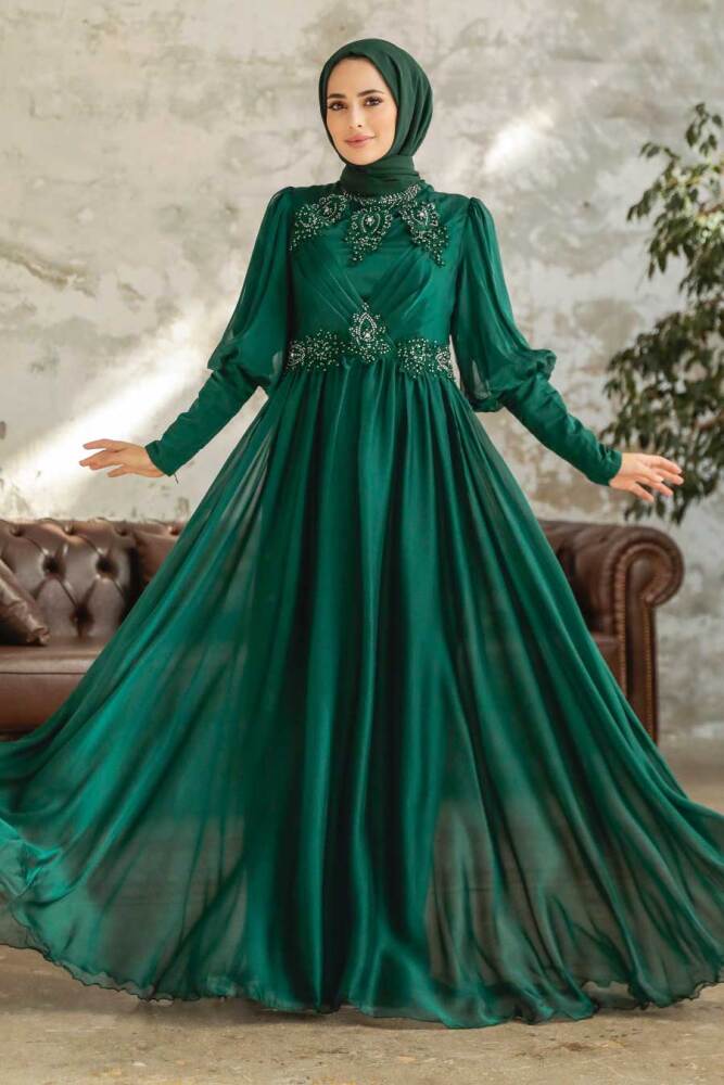 Neva Style - Long Sleeve Green Muslim Evening Dress 25822Y - 1