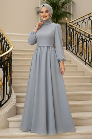 Neva Style - Long Sleeve Grey Islamic Prom Dress 21330GR - 1