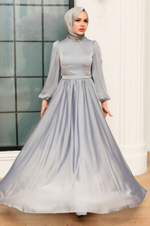 Neva Style - Long Sleeve Grey Islamic Prom Dress 21330GR - Thumbnail