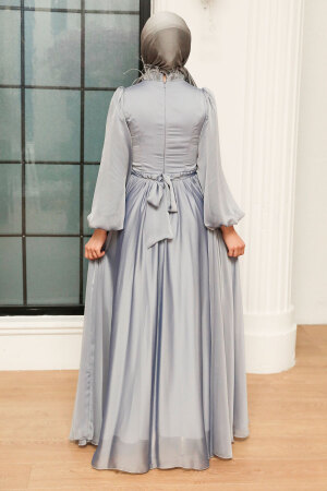 Neva Style - Long Sleeve Grey Islamic Prom Dress 21330GR - Thumbnail