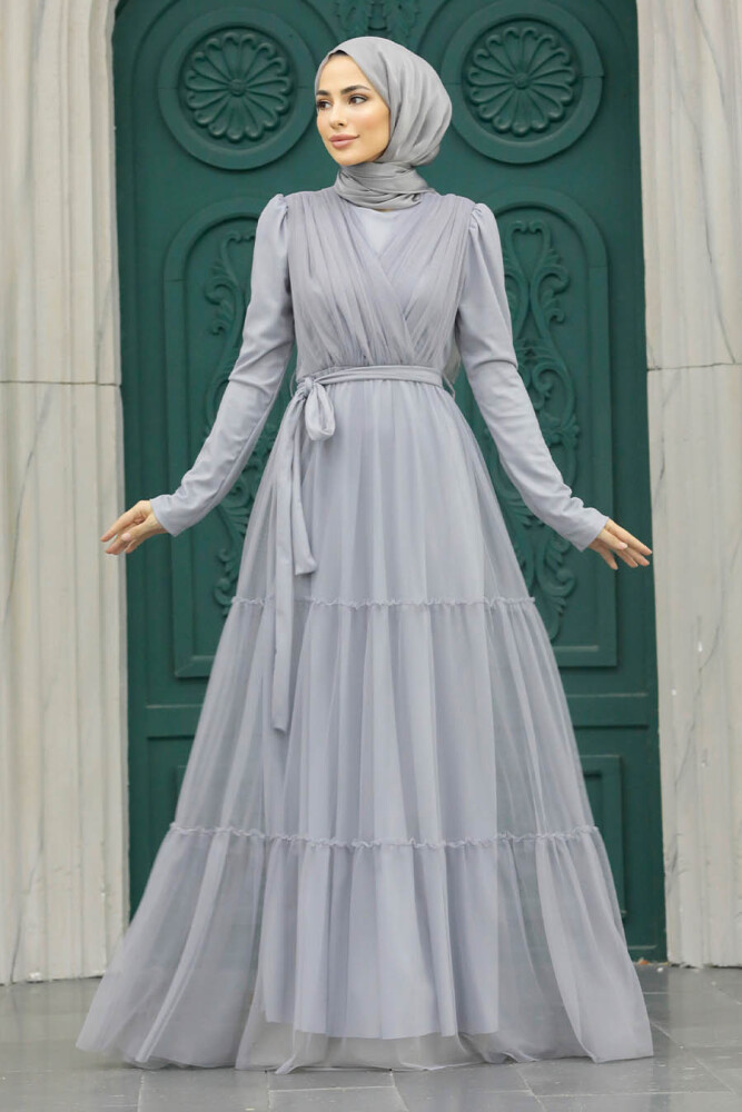 Long Sleeve Grey Muslim Evening Dress 55621GR - 1
