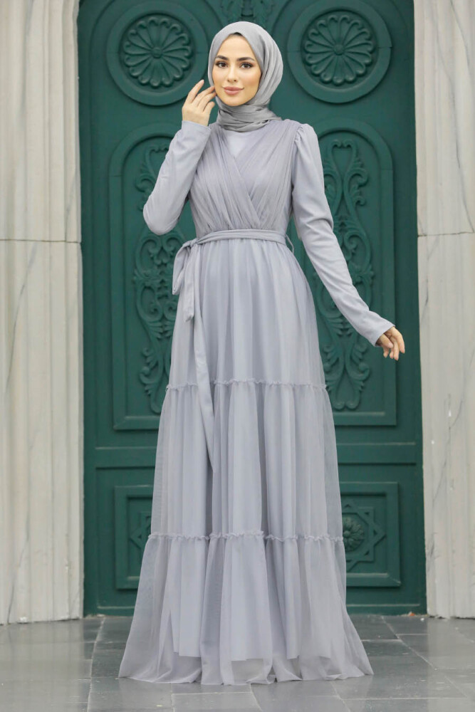 Long Sleeve Grey Muslim Evening Dress 55621GR - 2