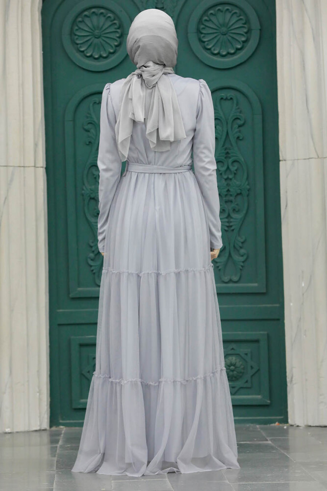 Long Sleeve Grey Muslim Evening Dress 55621GR - 3