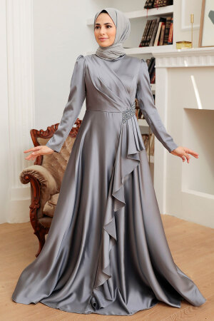 Neva Style - Long Sleeve Grey Muslim Wedding Gown 22431GR - 1