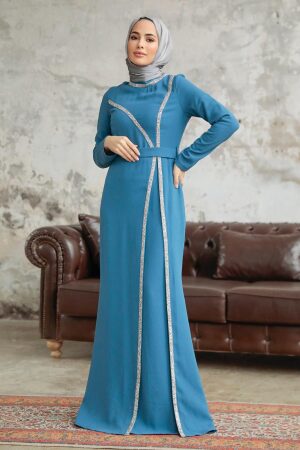 Neva Style - Long Sleeve İndigo Blue Muslim Evening Gown 37261IM - Thumbnail