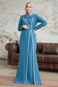 Neva Style - Long Sleeve İndigo Blue Muslim Evening Gown 37261IM - Thumbnail
