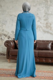 Neva Style - Long Sleeve İndigo Blue Muslim Evening Gown 37261IM - Thumbnail