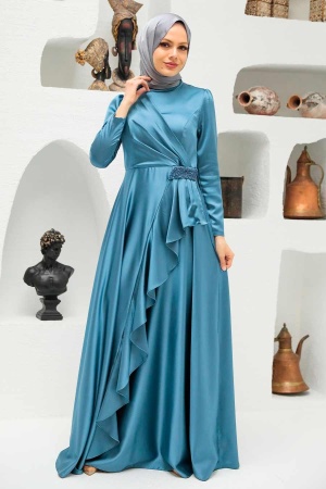 Neva Style - Long Sleeve İndigo Blue Muslim Wedding Gown 22431IM - Thumbnail