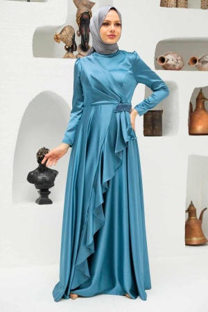 Neva Style - Long Sleeve İndigo Blue Muslim Wedding Gown 22431IM - 2