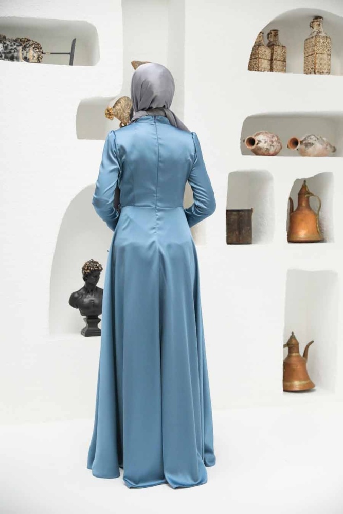 Neva Style - Long Sleeve İndigo Blue Muslim Wedding Gown 22431IM - 3