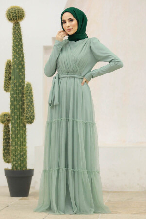Long Sleeve Mint Muslim Evening Dress 55621MINT - 1
