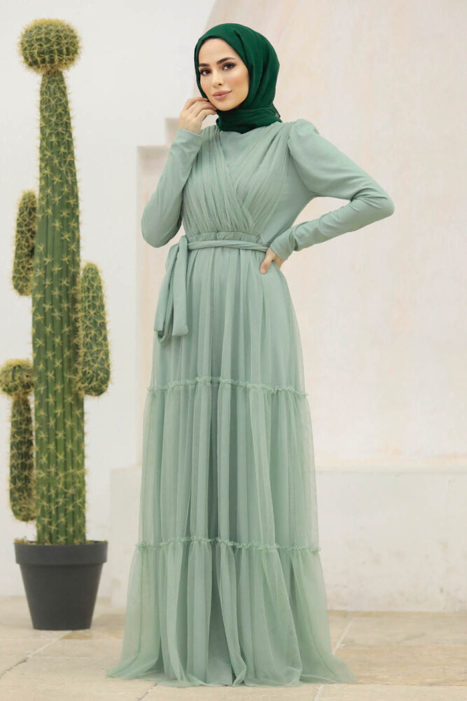 Long Sleeve Mint Muslim Evening Dress 55621MINT - 1