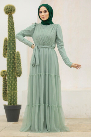 Long Sleeve Mint Muslim Evening Dress 55621MINT - 2