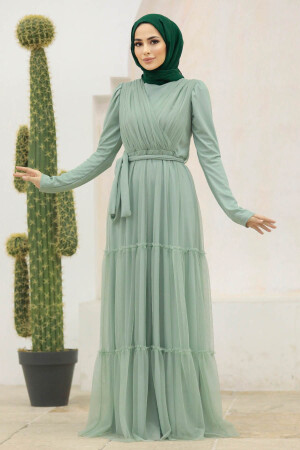Long Sleeve Mint Muslim Evening Dress 55621MINT - 3