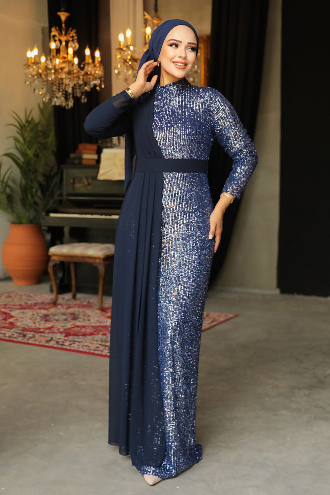 Neva Style - Long Sleeve Navy Blue Islamic Prom Dress 25851L - 1
