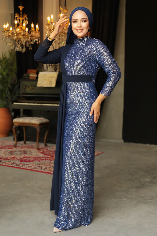 Neva Style - Long Sleeve Navy Blue Islamic Prom Dress 25851L - 2