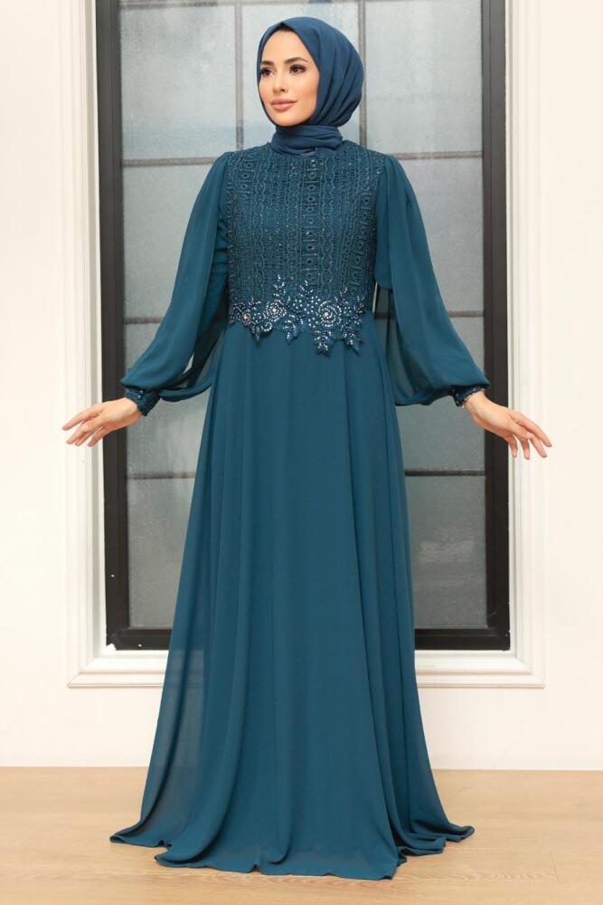 Neva Style - Long Sleeve Petrol Blue Islamic Dress 25819PM - 1