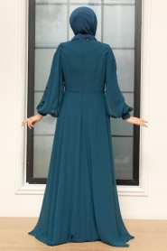 Neva Style - Long Sleeve Petrol Blue Islamic Dress 25819PM - Thumbnail